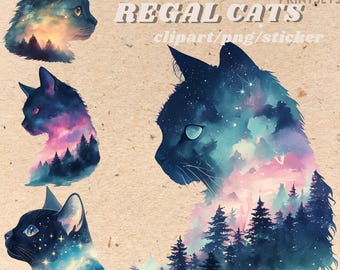 Puede incluir: Tres ilustraciones digitales de gatos con un cielo nocturno estrellado y una escena de bosque dentro de sus siluetas. Los gatos están de perfil. El texto "Celestial Regal Cats" está en la parte superior de la imagen.