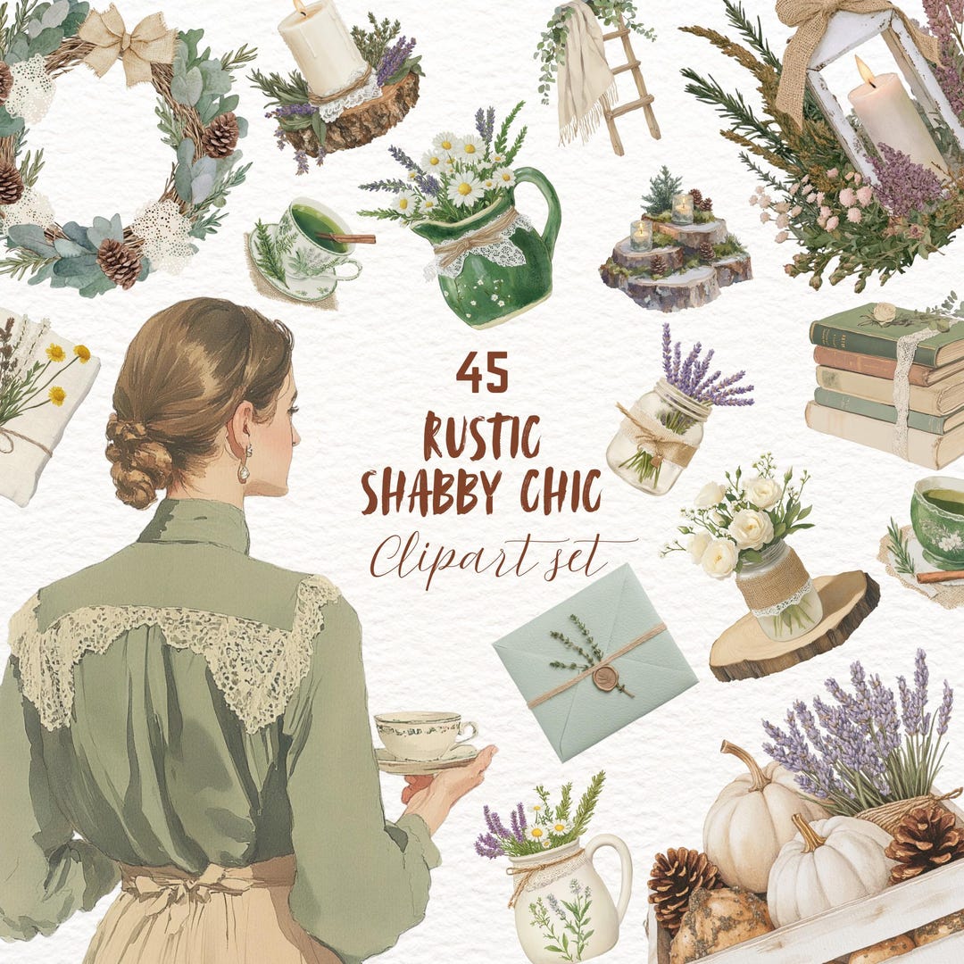 Rustic Shabby Chic Clipart Bundle Rustic Sticker Set Vintage Floral ...