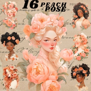 Adesivi digitali ragazza rosa giardino pesca, diario clipart primaverile, fiore di rosa png, adesivo stravagante, trasparente, scrapbooking, sognante