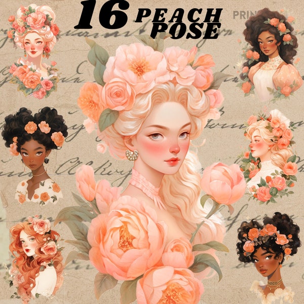 Peach garden rose girl digital stickers, spring clipart journaling,rose flower png, whimsical sticker, transparent, scrapbooking, dreamy