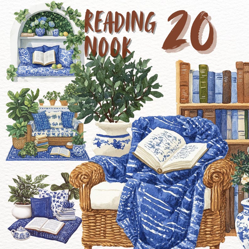 Puede incluir: Una ilustraci&oacute;n de acuarela de un rinc&oacute;n de lectura acogedor con un sill&oacute;n de mimbre, una manta azul y blanca, un libro y una estanter&iacute;a llena de libros. El texto "READING NOOK 20" est&aacute; escrito en letras marrones.