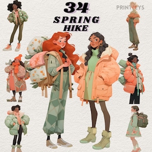 Spring Hiking digital sticker bundle, cottagecore vintage clipart, sweather weather, cozy fashion png, scrapbooking, cozy spring paper dolls