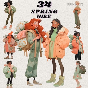 Paquete de pegatinas digitales Spring Hiking, imágenes prediseñadas vintage cottagecore, clima sudoroso, png de moda acogedora, scrapbooking, acogedoras muñecas de papel de primavera