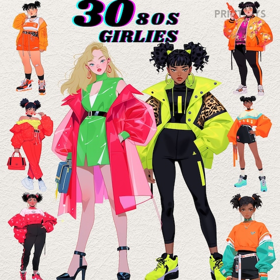 Neon 80s Girl Outfit Digital Sticker - Retro Trend, Vintage Vibes, Instant Download, Digital Planner Decor, Aesthetic Decal, 80's Style Art