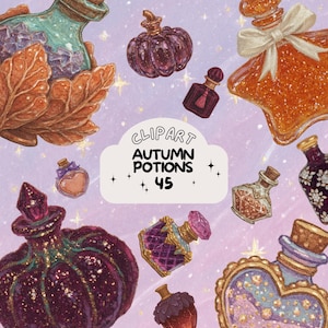 Gemütlicher Herbst Tränke und Zauber Clipart Bundle Vintage Aufkleber Goodnote Aufkleber transparente Png Journaling Scrapbook Herbst Fantasie Png Set
