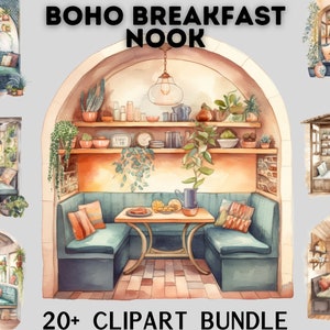 Watercolour Boho Breakfast nook Clipart Bundle , Cottage living, farm life, countryside, kitchen, rustic living, simple, cozy, spring