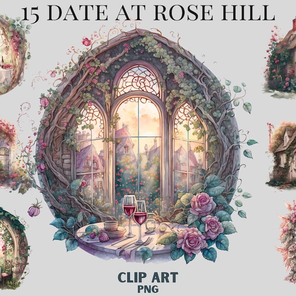 Watercolour Date at Rose hill Clipart Bundle, Vintage Cozy clipart, Romantic, roses, floral, cottage, stained windows png