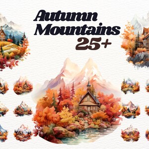 Watercolour Autumn Mountain landscape clipart bundle, mountain cabin , autumn clipart, fall landscape clipart, mountains png, scrapbooking