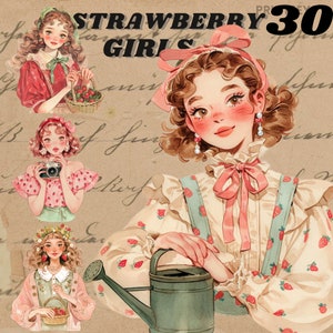 Adesivi digitali Cottagecore strawberry girl, diario estetico estivo, png accogliente, adesivo fata stravagante, trasparente, scrapbooking