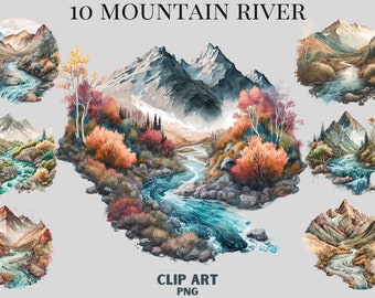 Watercolour Mountain River Clipart Bundle, Landscape clipart, hiking, nature, camping