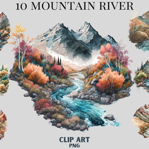 Bundle de cliparts aquarelle montagne rivière, clipart paysage, randonnée, nature, camping