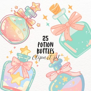 Puede incluir: Un conjunto de 25 imágenes de clipart de botellas de poción de colores. Las botellas están decoradas con estrellas, lazos y remolinos. El texto "25 Potion Bottles Clipart Set" está escrito en negro sobre un fondo blanco.
