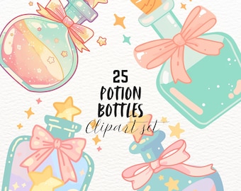 Cute Potion Bottles digital  Clipart,  coquette Witchy aesthetic, goodnotes 2d , Planner Stickers, Vintage PNG, Digital Download, Commercial