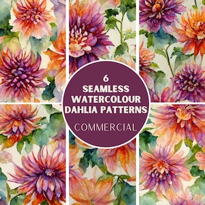 6 Beautiful Watercolour Dahlia patterns, dahlias, colorful Seamless Pattern, Repeat Pattern, Commercial Use, Digital Pattern, pattern bundle