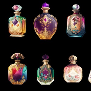 Puede incluir: Una colecci&oacute;n de diez frascos de perfume ornamentados con detalles dorados y acentos de colores joya. Cada frasco presenta una forma y dise&ntilde;o &uacute;nicos, con tapones decorativos y patrones florales o geom&eacute;tricos. Sobre un fondo negro.