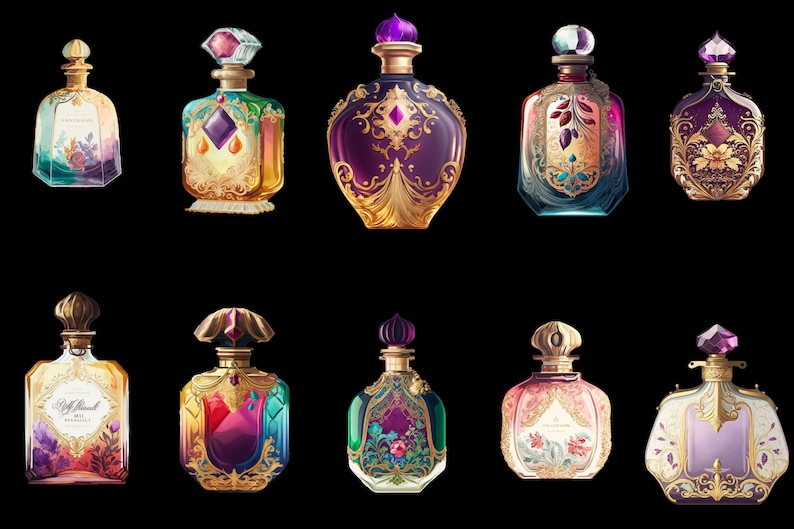 Puede incluir: Una colecci&oacute;n de diez frascos de perfume ornamentados con detalles dorados y acentos de colores joya. Cada frasco presenta una forma y dise&ntilde;o &uacute;nicos, con tapones decorativos y patrones florales o geom&eacute;tricos. Sobre un fondo negro.