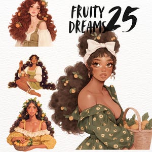 Puede incluir: Tres ilustraciones de mujeres con cabello largo y rizado adornado con flores de azahar. Las mujeres visten vestidos florales y tienen una estética caprichosa y de ensueño. El texto "FRUITY DREAMS 25" está escrito en la esquina superior derecha de la imagen.
