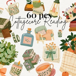 May include: A digital collection of 60 illustrations featuring a teapot, books, a green armchair, a basket of oranges, floral bouquets, candles, a lantern, and tea cups. The text 60 pcs Cottagecore Reading is centered in black script and print.