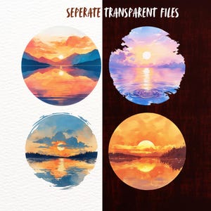 May include: Four watercolor paintings of a sunset over a lake. The paintings are in a circular shape and have a soft, dreamy feel. The colors are warm and inviting, with shades of orange, pink, and blue.