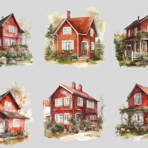 May include: Six watercolor illustrations of red houses with white trim and windows. The houses are surrounded by green foliage and flowers. The houses are all different sizes and styles.