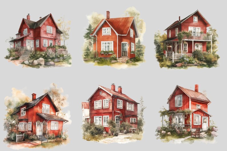 May include: Six watercolor illustrations of red houses with white trim and windows. The houses are surrounded by green foliage and flowers. The houses are all different sizes and styles.