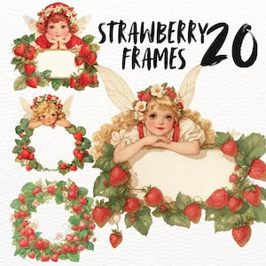 aardbeifee frame clipart set, bessen label png-stickers, vintage label digitale download, natuur fantasie lijst goodnotes, papier ambachten