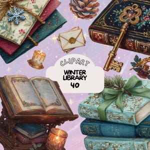 May include: A digital illustration featuring a winter library theme. The image includes stacks of books, a golden key, candles, and decorative envelopes. The text "CLPART WINTER LIBRARY 40" is also present.