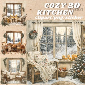 Set di adesivi per finestre da cucina in stile cottagecore con acquerello, bundle di clipart, angolo lettura boho invernale, adesivo digitale istantaneo, lettura