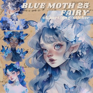 Whimsical blue moth fairy digital sticker, vintage floral png, fairytale, transparent,instant download, dnd, occult,nature wicca clipart
