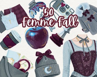 Vampire Girlfriend Clipart Bundle, Coquette Fall PNG, Vampy It Girl Digital Stickers, Femme Fatale Halloween Scrapbook Art