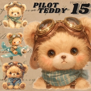 Adesivo digital fofo vintage Teddy Bear Pilot, pacote de clipart de avião vintage, clipart transparente, download instantâneo, aviões de brinquedo de pelúcia vintage