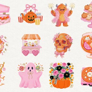 May include: A collection of twelve digital illustrations featuring a pink coffin with candy, a jack-o'-lantern tea set, a furry monster with sparklers, a tiered tray of cookies, a lantern, a candy cart, a floral skull, a punch bowl, a broom, a ghost, a pumpkin bouquet, and a record player.