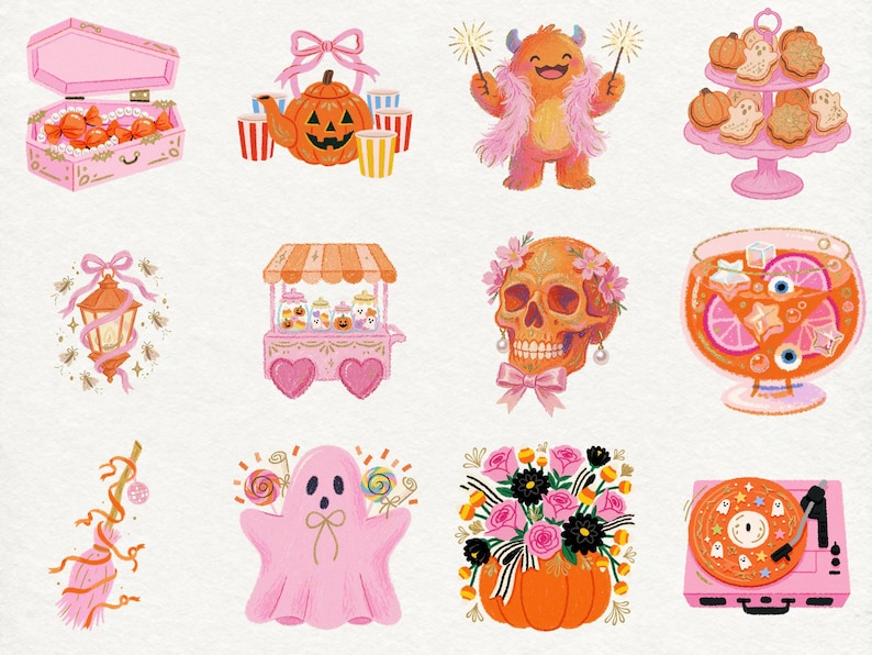 May include: A collection of twelve digital illustrations featuring a pink coffin with candy, a jack-o'-lantern tea set, a furry monster with sparklers, a tiered tray of cookies, a lantern, a candy cart, a floral skull, a punch bowl, a broom, a ghost, a pumpkin bouquet, and a record player.