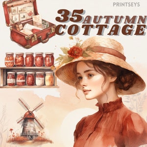 Watercolour Rustic Autumn Cottage Clipart Bundle , Cottage living, farm life, countryside, chickens, rustic living, cottagecore