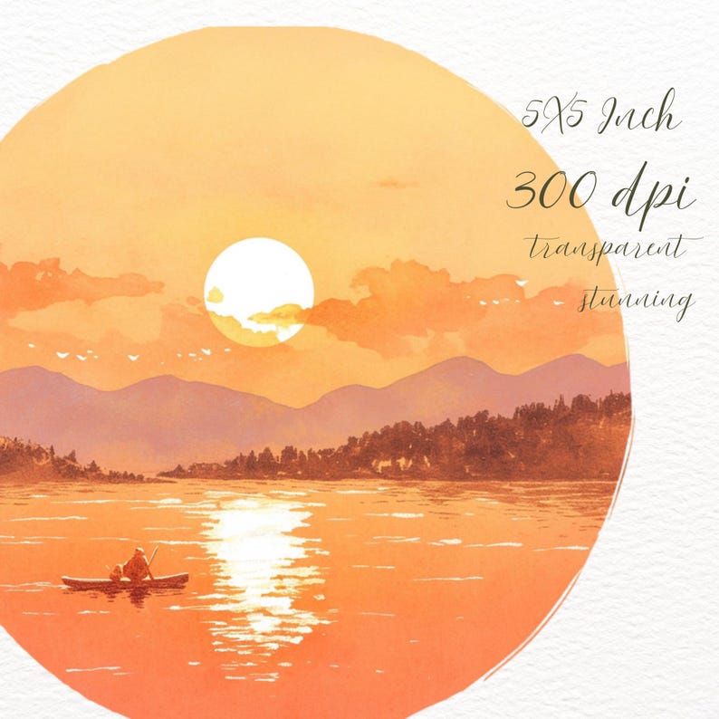 May include: A watercolor painting of a sunset over a lake with mountains in the background. A small boat with a person in it is on the water. The sun is setting behind the mountains and reflecting on the water. The sky is a mix of orange, yellow, and pink.