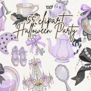 May include: A collection of 55 Halloween party themed digital illustrations featuring lavender ghosts, a teapot, teacup, ornate key, chandelier, hand mirror, crescent moon, shoes, and black bows with pearls, all labeled 55 clipart Halloween Party.
