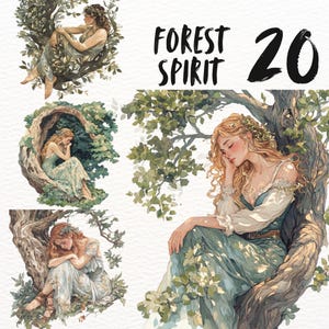 Zestaw clipartów Fantasy Forest Nymphs, naklejki PNG FOest spirit elfs, zestaw fantasy nature do pobrania cyfrowego, grafika estetyczna kobiecej magii