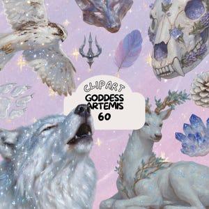 May include: A digital clipart image featuring a white wolf, a deer with antlers, a hawk, and a skull. The image also includes a trident, a feather, and crystals. The text "CLIPART GODDESS ARTEMIS 60" is in a cloud-shaped text box.