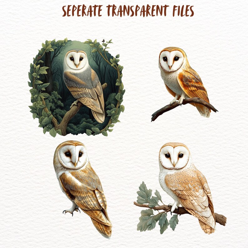 Peut inclure: Quatre illustrations de hiboux des granges. Le premier hibou est perch&eacute; sur une branche dans un d&eacute;cor forestier. Le deuxi&egrave;me hibou est perch&eacute; sur une branche avec des feuilles vertes. Le troisi&egrave;me hibou est perch&eacute; sur une branche avec des feuilles vertes. Le quatri&egrave;me hibou est perch&eacute; sur une branche avec des feuilles vertes.