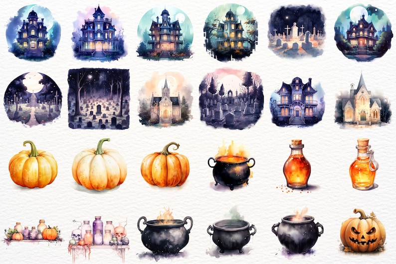 Puede incluir: Una colecci&oacute;n de ilustraciones de acuarela con temas espeluznantes de Halloween. Las ilustraciones incluyen casas encantadas, cementerios, calabazas, calderos y botellas de pociones.