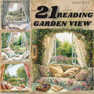 Aquarelle Cosy Reading Nook près de la fenêtre, paquet de cliparts, coin de lecture avec vue sur le jardin, instantané, autocollant numérique, lecture, livres,