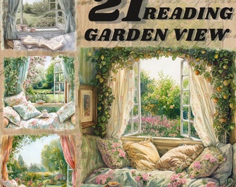 May include: A collage of three images depicting a cozy reading nook with a window view of a lush garden. The images feature a book, pillows, and a cup of tea on a tray. The text "21 Reading Garden View" is displayed at the top of the collage.