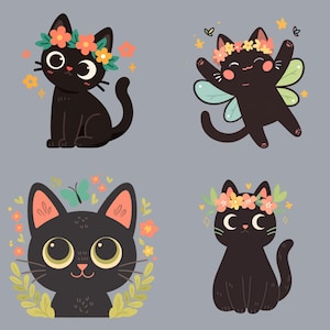 May include: Four black cats with flower crowns and different expressions. One cat has fairy wings. The cats are on a light grey background.