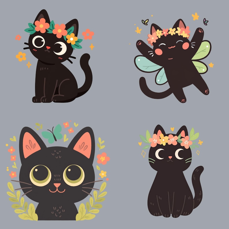 May include: Four black cats with flower crowns and different expressions. One cat has fairy wings. The cats are on a light grey background.