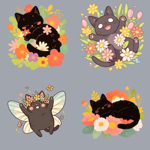 May include: Four black cats with different expressions are surrounded by colourful flowers. One cat is sleeping, one is flying with fairy wings, one is sitting up, and one is laying down.