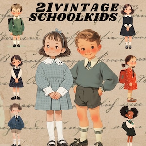 Puede incluir: Ilustración de 21 niños de escuela vintage en varias poses y atuendos. Los niños visten ropa a cuadros, azul y roja. La imagen tiene el texto "21 Vintage Schoolkids" en la parte superior.