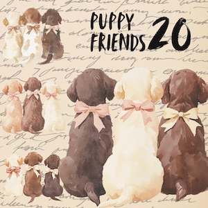 Conjunto de imágenes prediseñadas de amigos cachorros, pegatinas PNG de perros, lindo conjunto de labrador, descarga digital, pegatinas de buenas notas para cachorros, moño buppy, manualidades de papel vintage