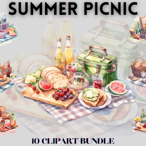 Watercolour Summer Picnic clipart bundle , summer vibes, summer clipart, romantic picnic clipart, picnic basket