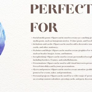 May include: A blue watercolor globe inside a gold-colored stand with the text "PERFECT FOR" and a list of uses for clipart, including social media posts, websites, scrapbooking, presentations, flyers, and personal projects.