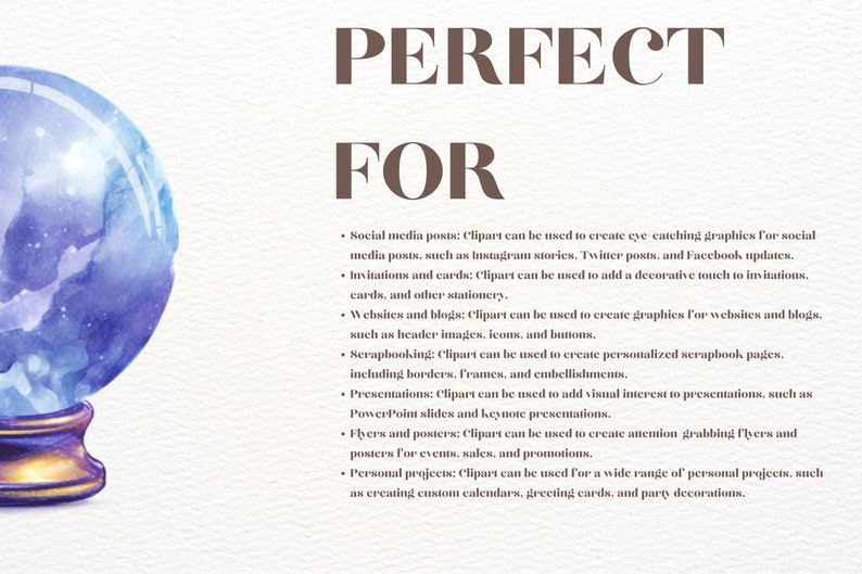 May include: A blue watercolor globe inside a gold-colored stand with the text "PERFECT FOR" and a list of uses for clipart, including social media posts, websites, scrapbooking, presentations, flyers, and personal projects.